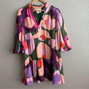 Emily McCarthy multicolor purple spot 3/4 sleeve tiered‎ dress